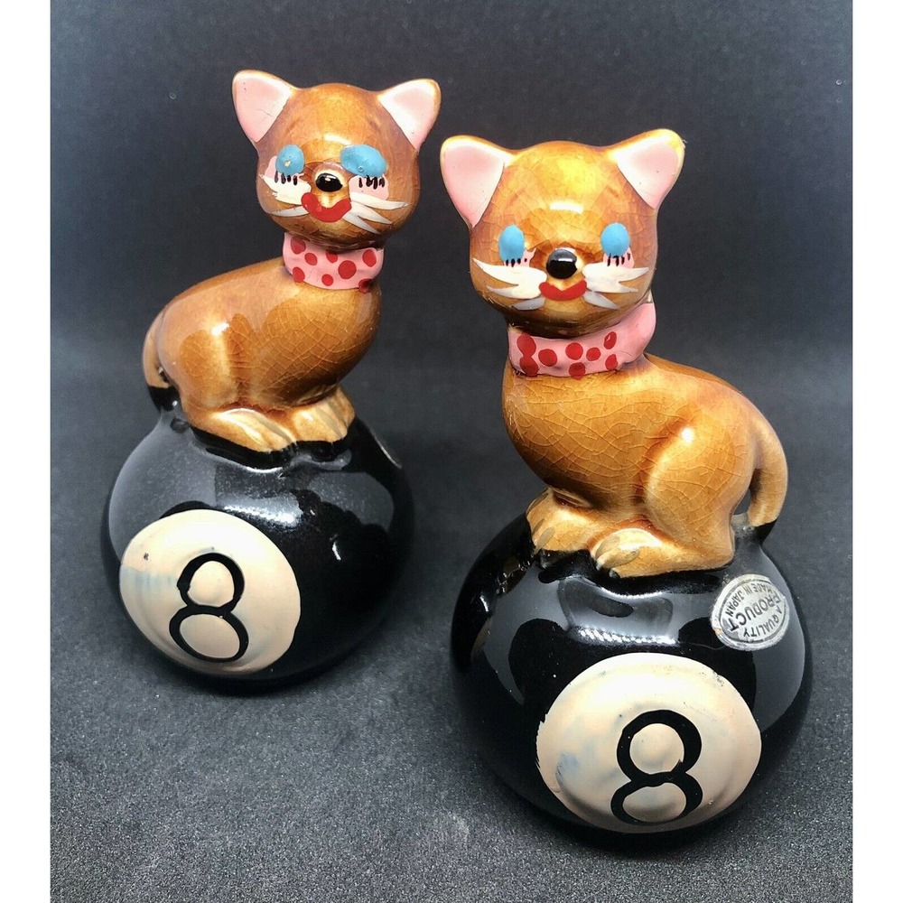 Vintage HEX-PUSSY Cats on 8 Ball Salt & Pepper Shakers Set Japan Pool Billiards